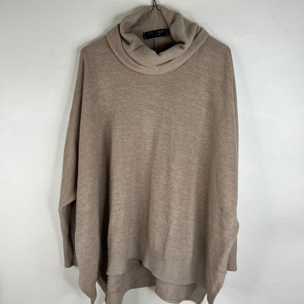 Love Kuza Poncho Sweater Womens OS Tan Cowl Neck Batwing Sleeve High Low USA